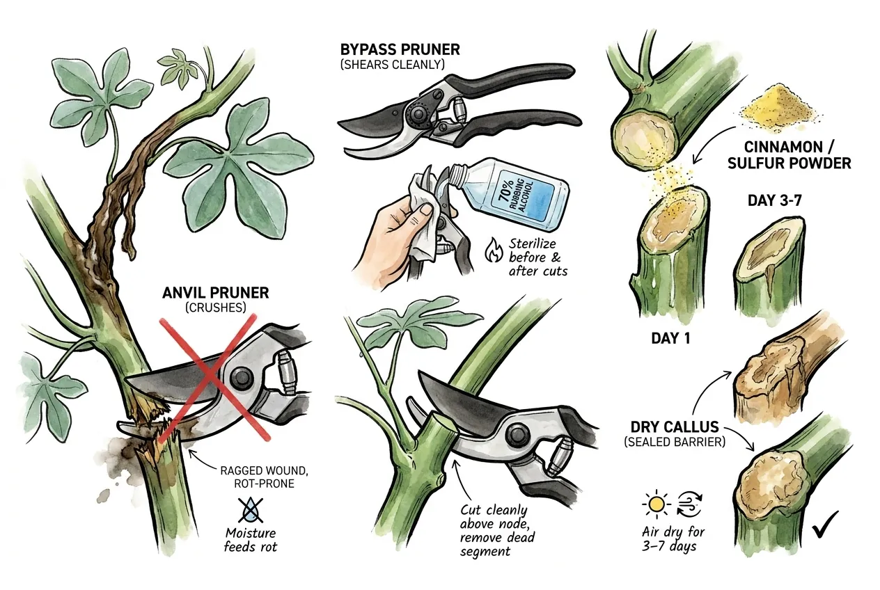 Gloved hand making a clean bypass-pruner cut at a vine node