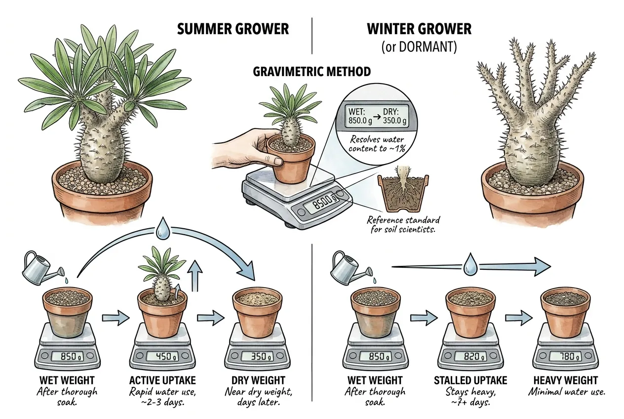 Potted caudex plant on a kitchen scale comparing dry versus watered weight