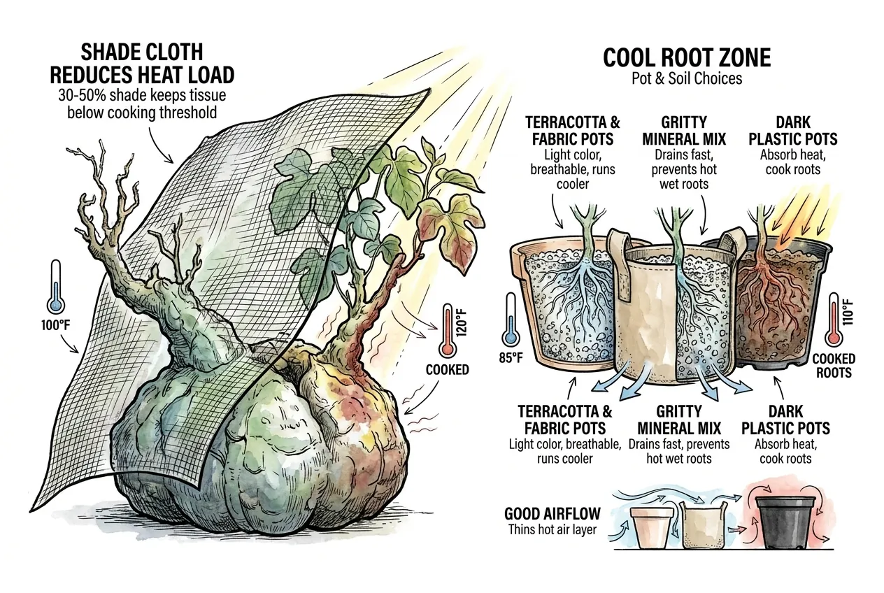 Shade cloth over a potted caudex with a soil thermometer probe