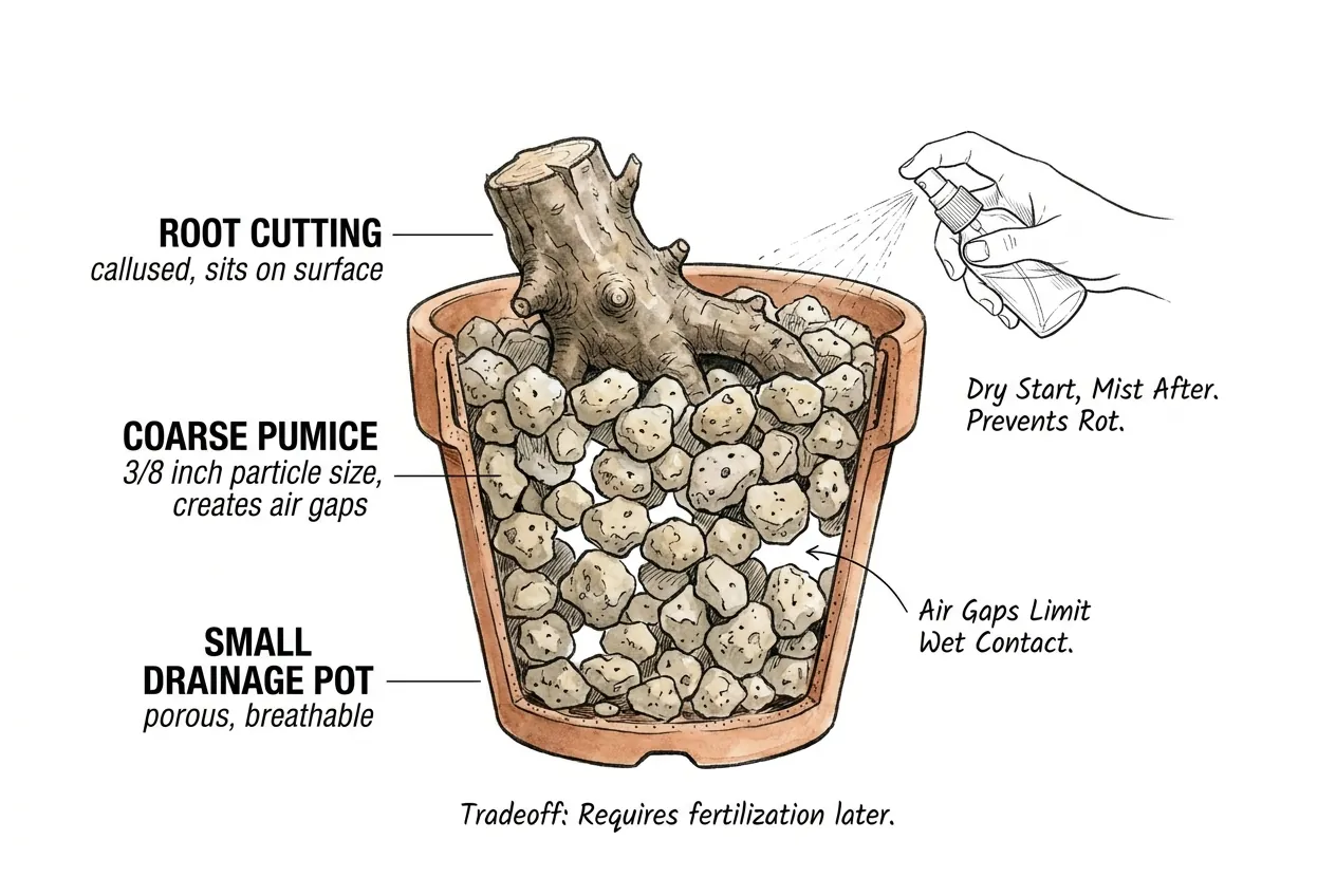 Conceptual root cutting supported in coarse mineral substrate