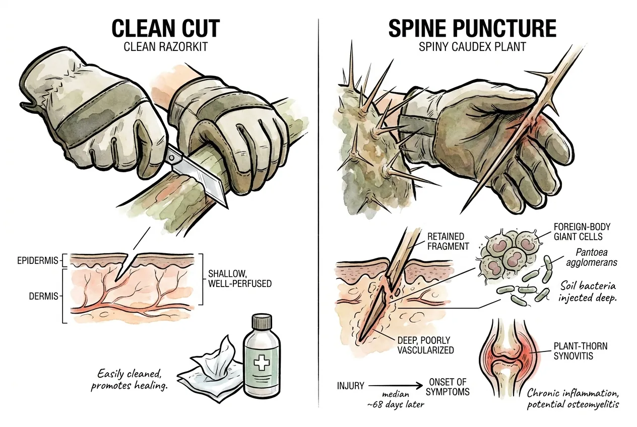 Plant-spine puncture with a retained fragment compared with a controlled clean cut
