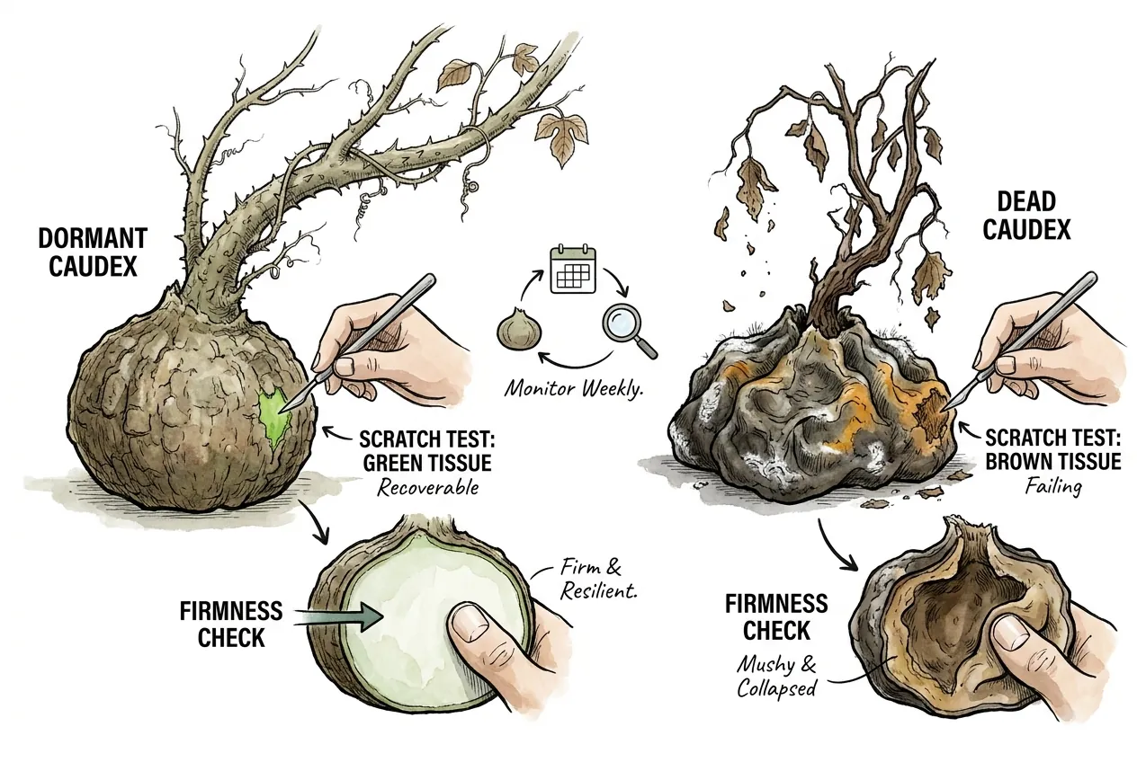 Scratch test on a caudex showing green living tissue versus brown
