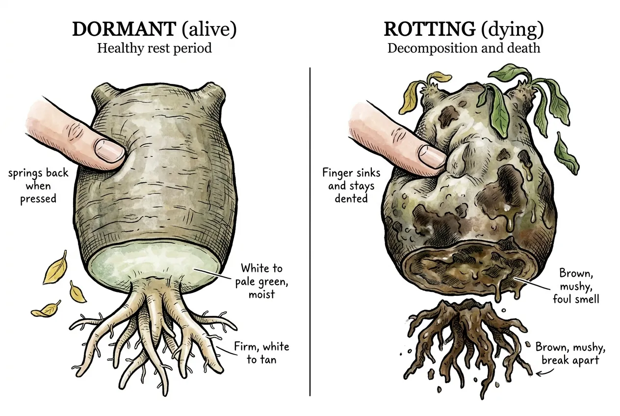 Firm caudex beside a soft rotted one, scratch revealing green cambium