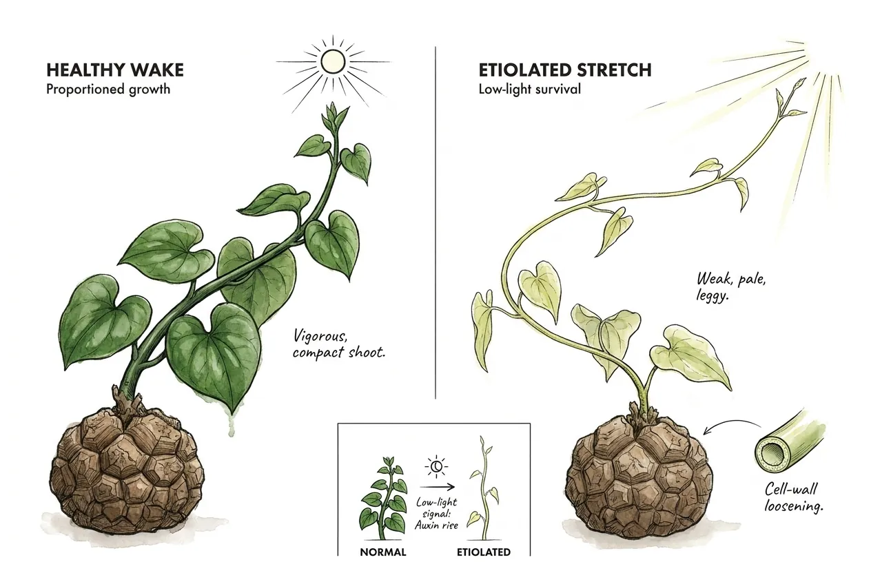 Sturdy green Dioscorea vine beside pale stretched etiolated growth