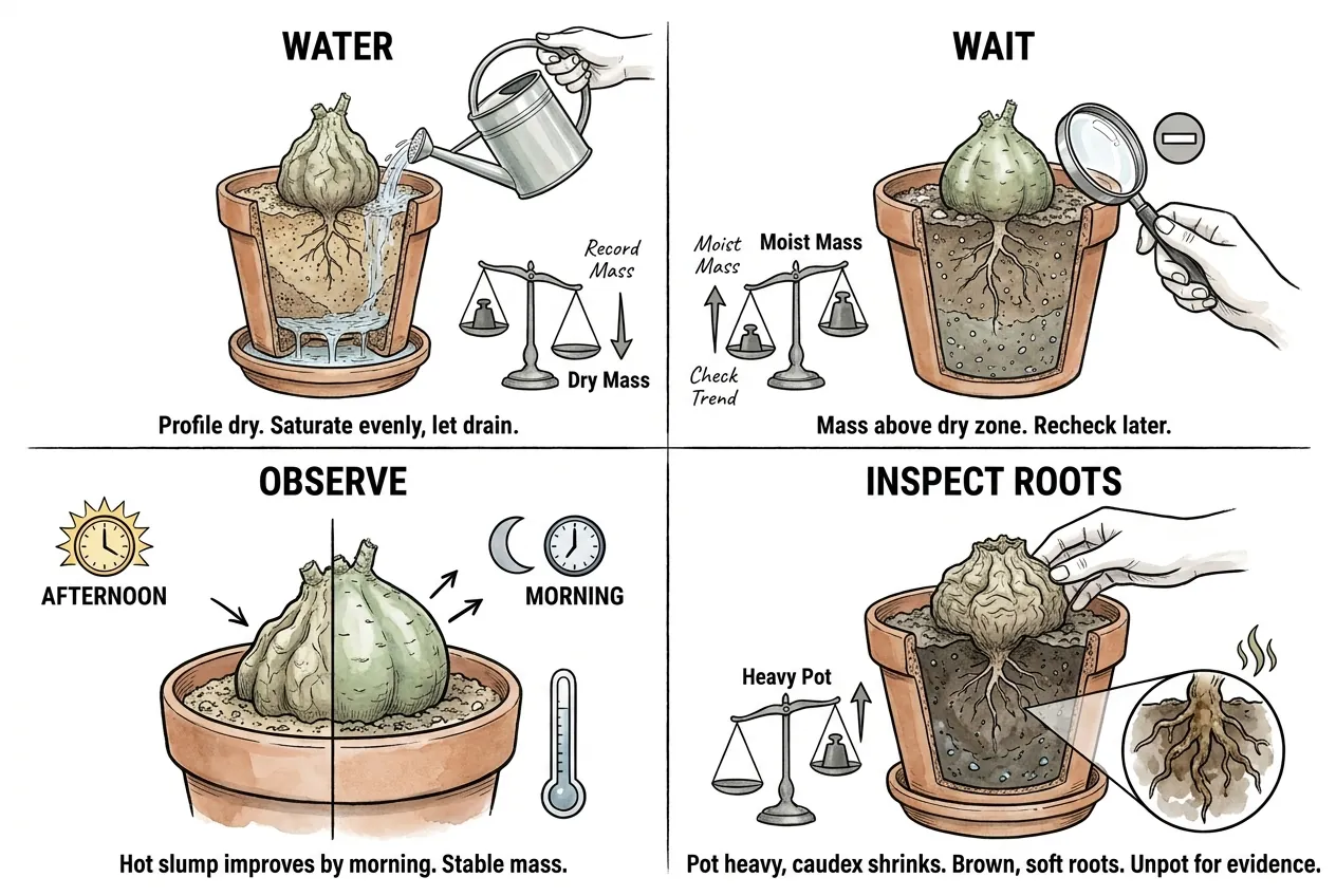 Decision path comparing watering, waiting, cooling, and root inspection