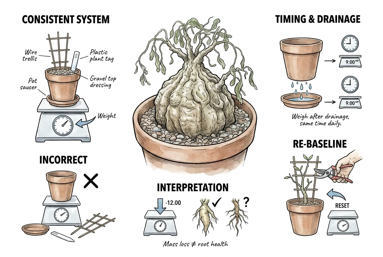 Identical pot setup weighed with saucer and trellis unchanged