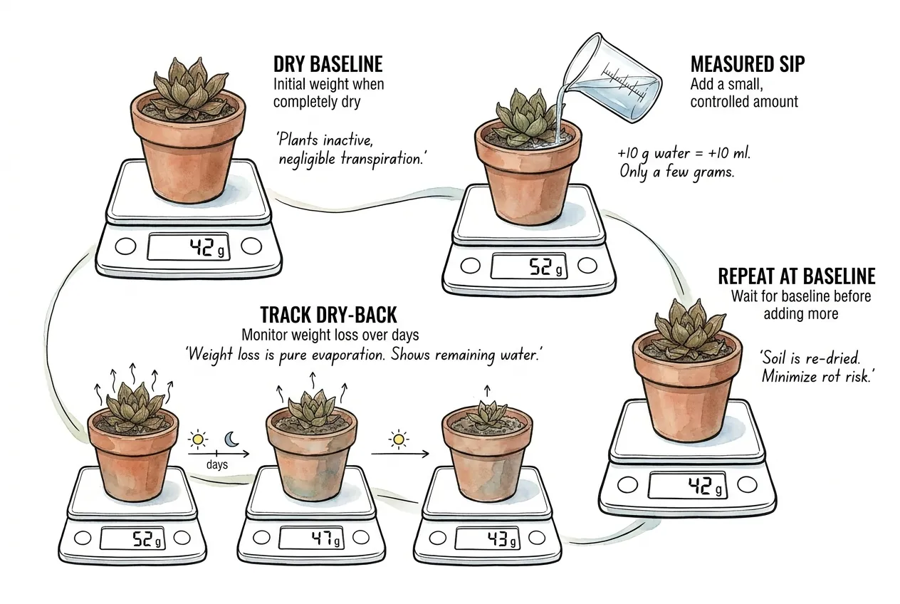 Track the same seedling pot on a scale to learn its dry-down pattern