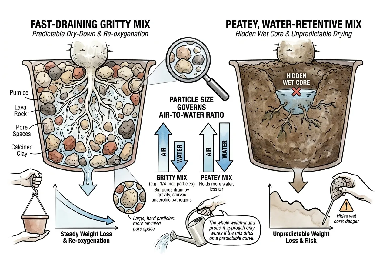 Coarse gritty pumice particles of a fast-draining succulent potting mix