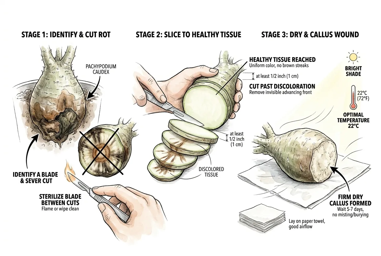 Blade slicing a rotted caudex back to firm pale tissue for callusing