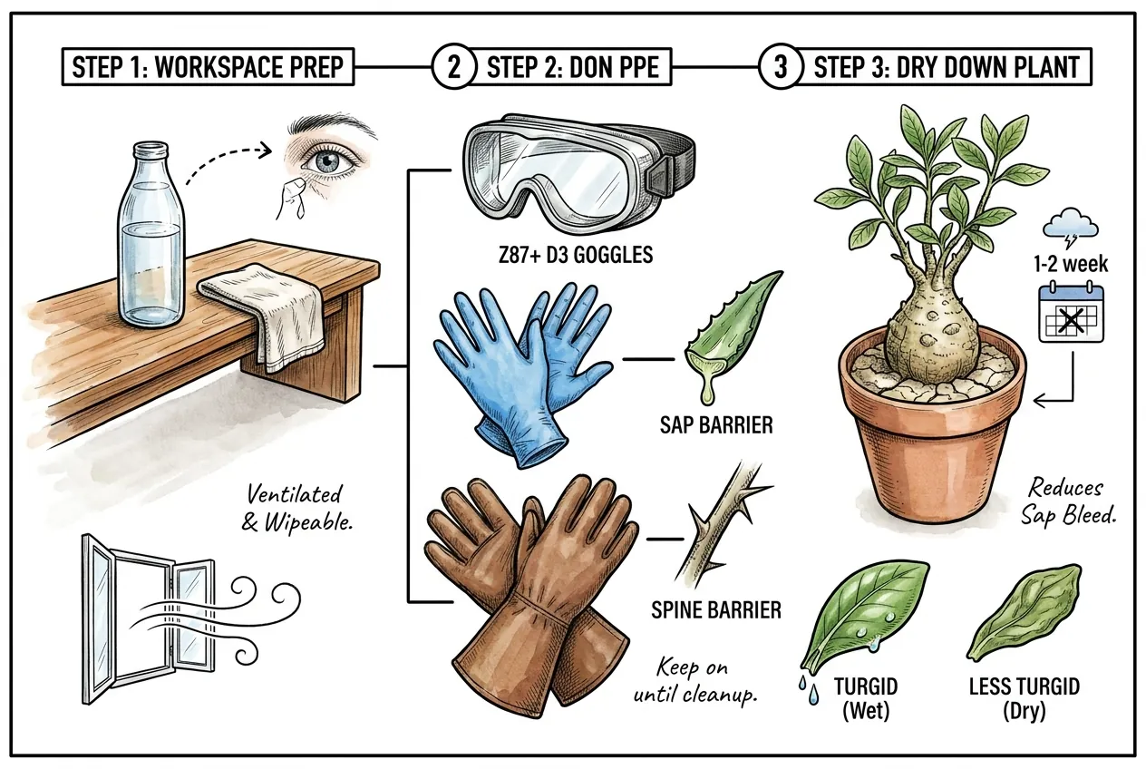 Ordered caudex repot workflow from hazard check and PPE through cleanup