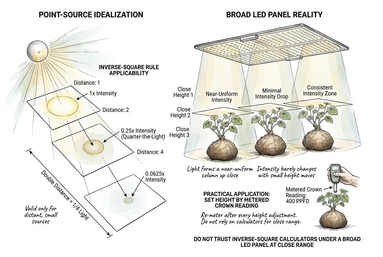 Un panel LED ancho distribuyendo luz sobre una estantería de plantas.