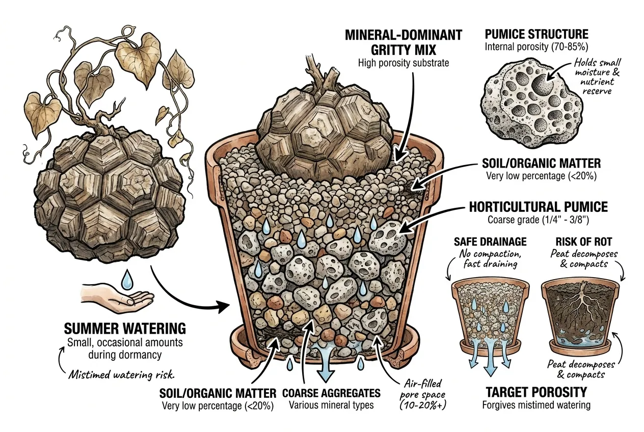 Gritty mineral mix with coarse pumice around a caudex base
