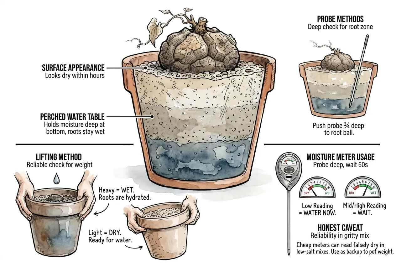 Moisture probe pushed deep into gritty pot past dry surface
