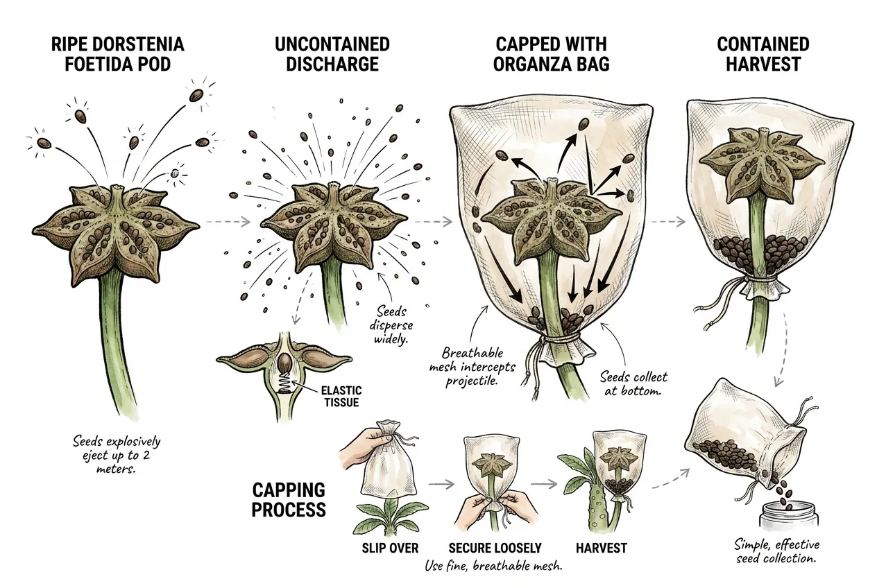 Organza mesh bag capping a Dorstenia disc to catch launched seed
