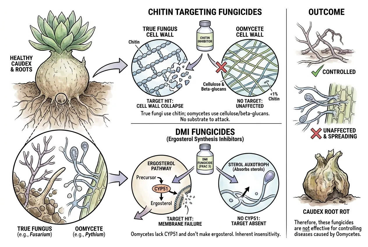 Diagram comparing some cellular targets in true fungi and oomycetes; the comparison cannot diagnose a diseased caudex