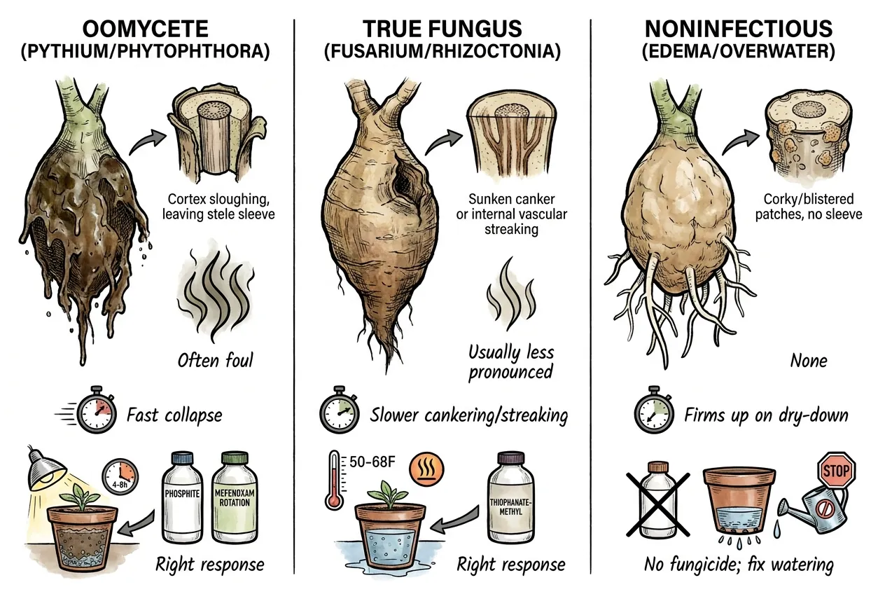 Comparison of possible root-rot signs; visual symptoms overlap and are not a pathogen test