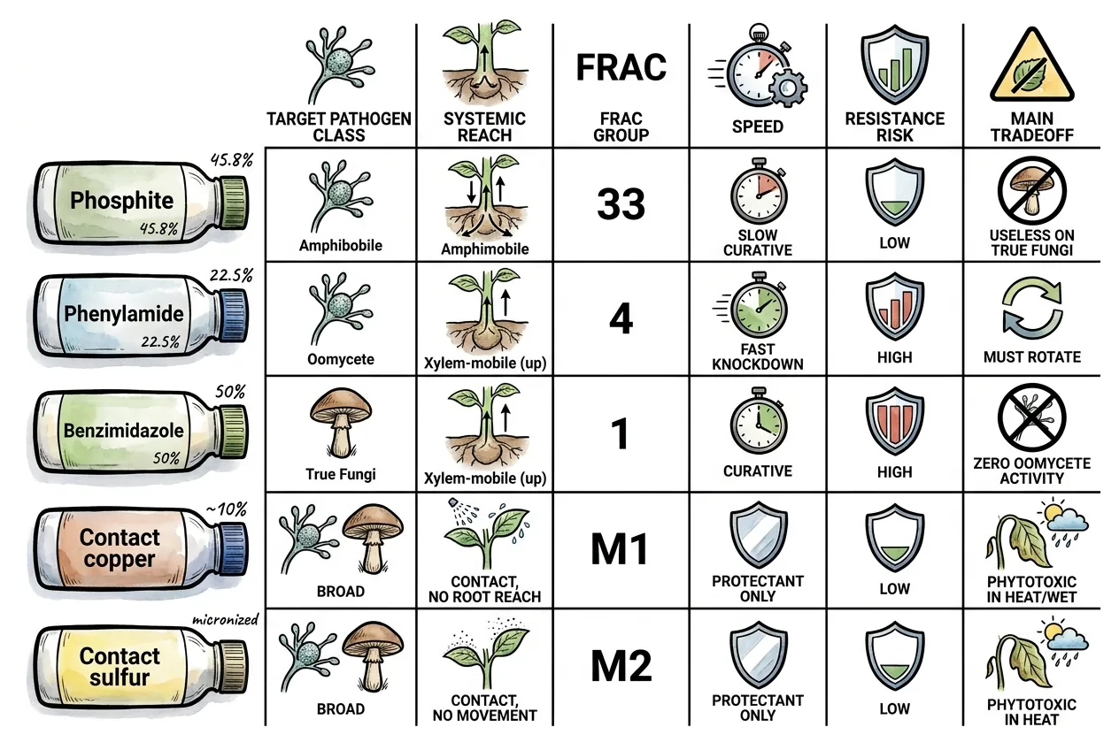 Fungicide selection matrix; verify every entry against the current product label before use