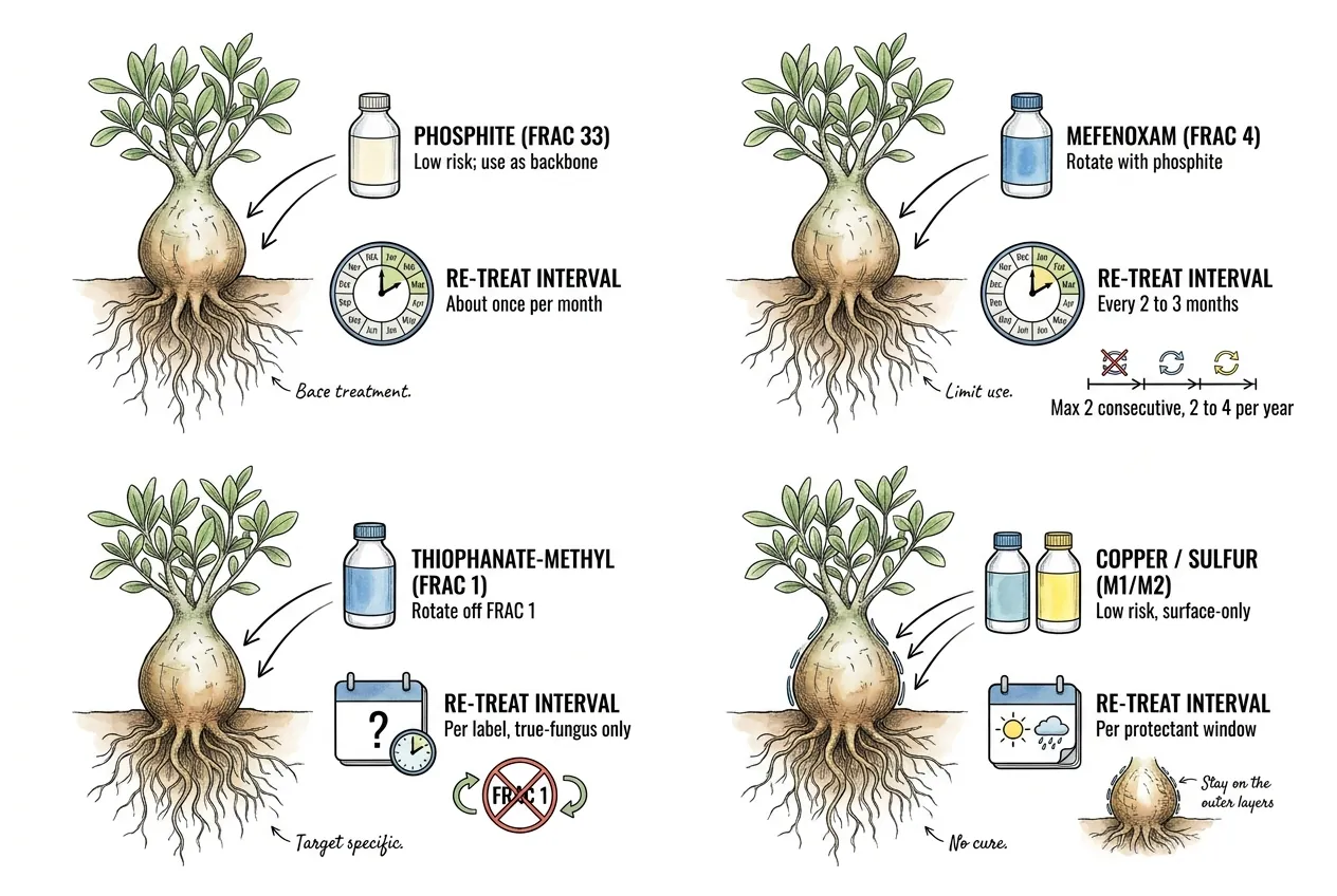 Example product re-treatment intervals; do not use as a universal caudex schedule and follow the current container label