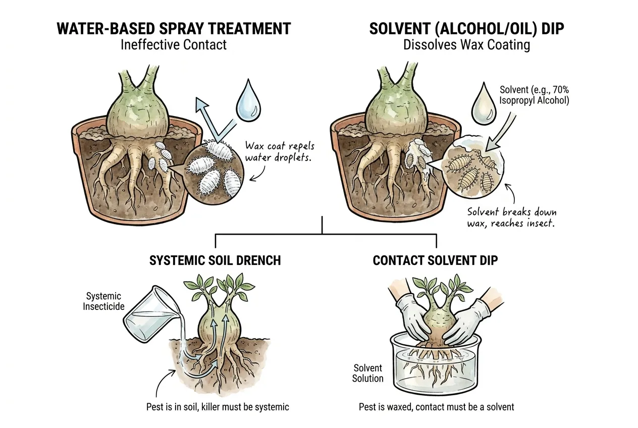 Wax-coated mealybug illustration. Wax is not a reason to improvise a solvent root dip