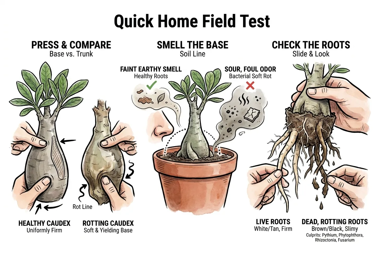 Three-panel field-test diagram showing how to check a soft adenium caudex, comparing a firm healthy base against a soft rotting base, smelling the soil line for a sour odor, and inspecting white firm live roots versus brown slimy dead roots.