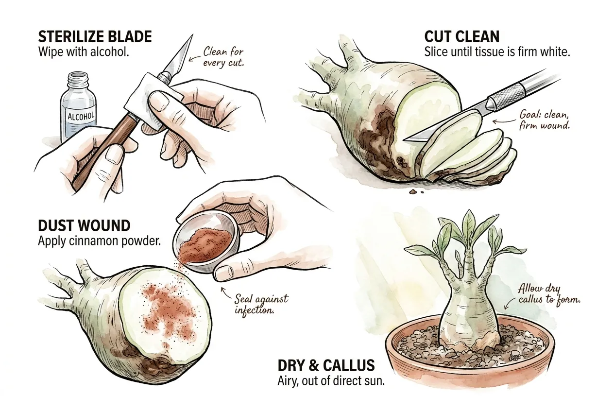 Four-panel salvage diagram for a rotting adenium caudex showing sterilizing the blade with alcohol, cutting until the tissue is firm and white, dusting the wound with cinnamon powder, and drying the cut to form a callus out of direct sun.