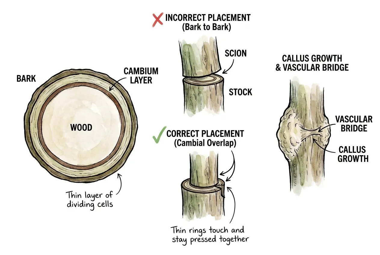 Diagram of a stem cross-section labeling bark, cambium layer, and wood, then contrasting incorrect bark-to-bark scion placement with correct cambial-overlap placement, and showing callus growth forming the vascular bridge across the union.
