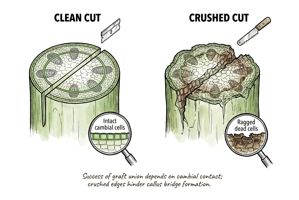 Side-by-side comparison of a clean grafting cut with a smooth face and intact green cambial ring versus a crushed cut with a ragged brown face, with magnifier insets contrasting intact cambial cells against ragged dead cells.