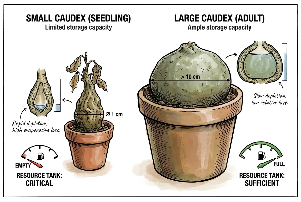 Small seedling caudex with depleted reserves compared to a large full adult caudex