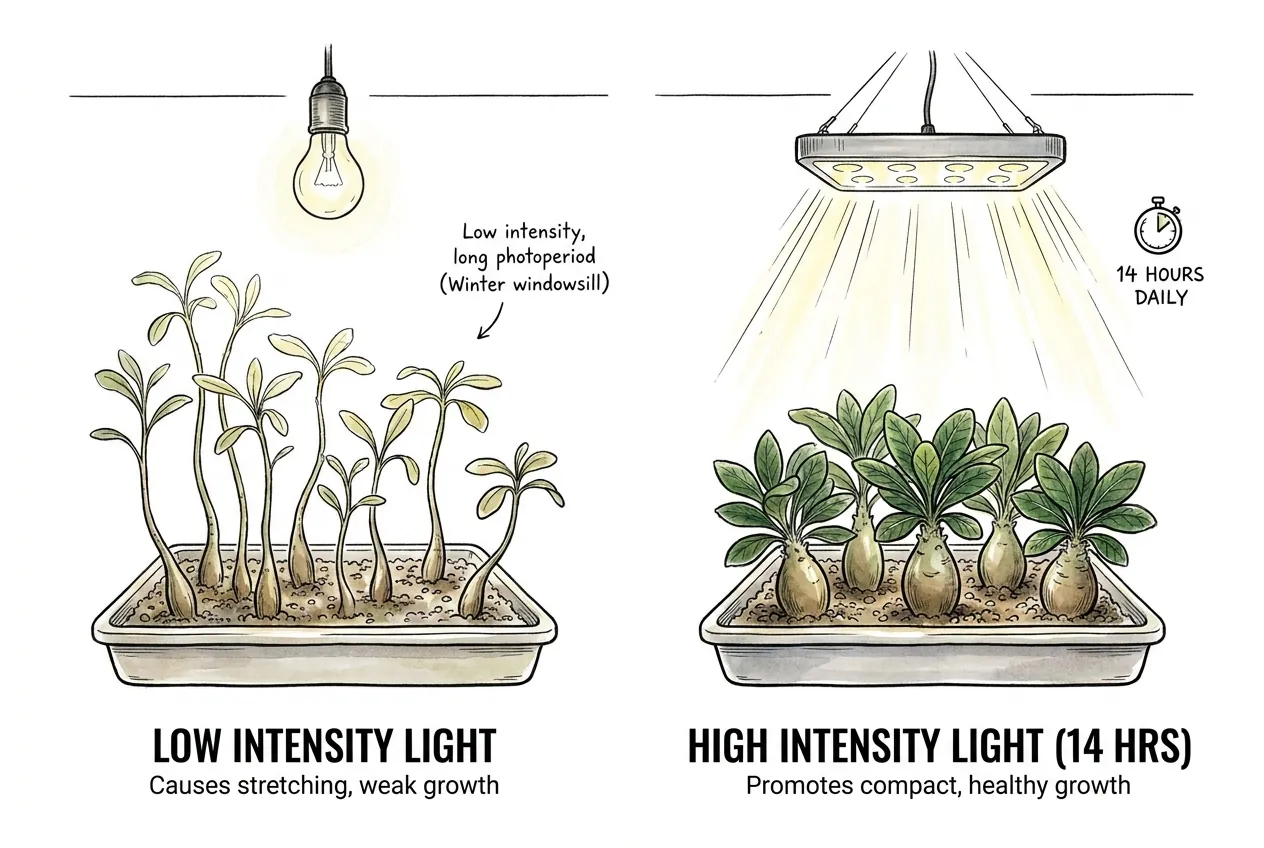 Stretched pale seedlings under a weak bulb versus compact seedlings under bright light