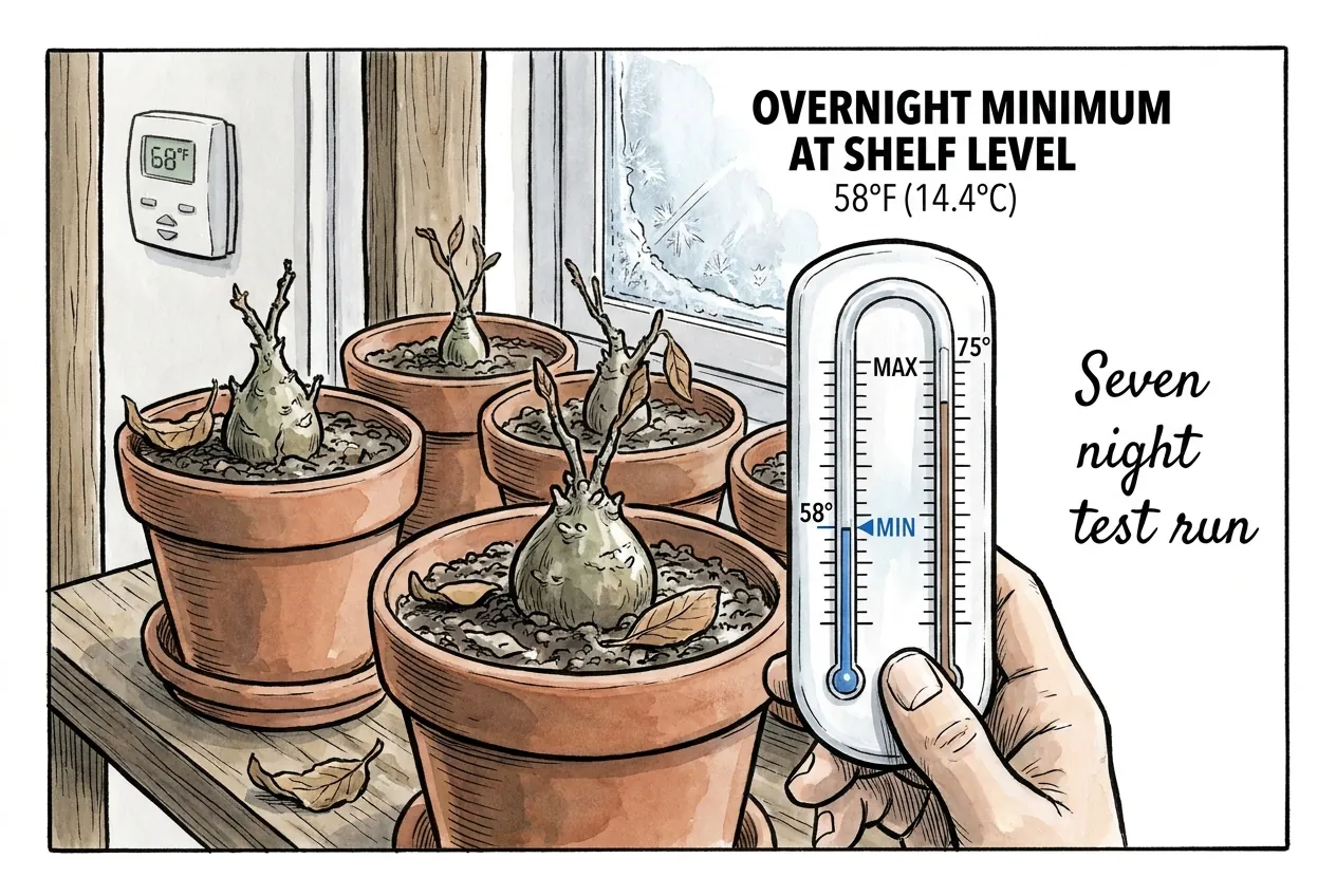 Min max thermometer showing a 58°F overnight low beside seedling pots on a windowsill