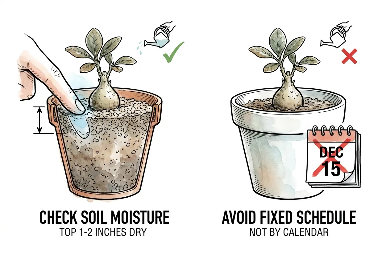 Finger checking the top inch of soil for dryness before watering versus watering a potted caudex on a fixed calendar date
