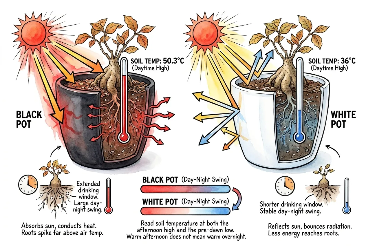 Black pot soil at 50°C versus white pot at 36°C in sun