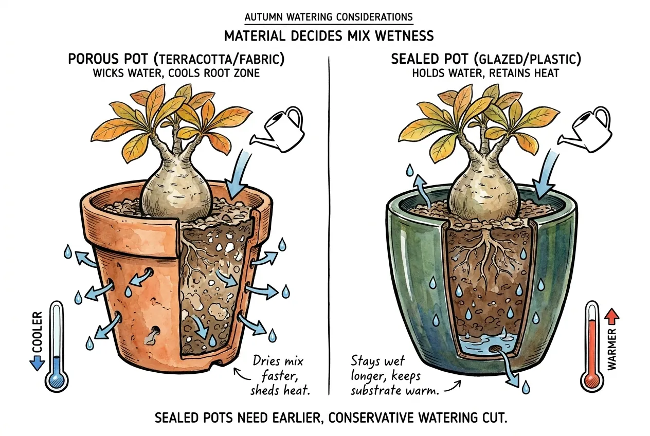 Porous terracotta pot drying and cooling versus sealed pot staying wet and warm