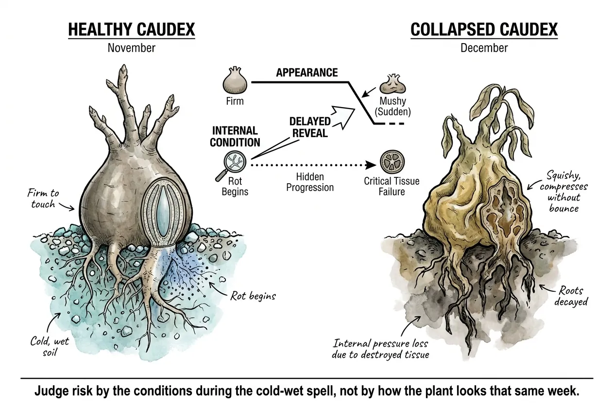 Firm November caudex versus collapsed mushy December caudex from hidden internal rot