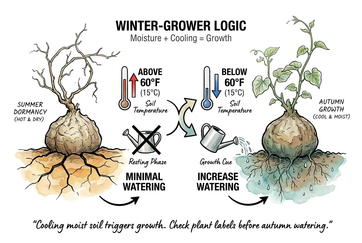 Winter-grower caudex resuming growth as cooling soil drops below 60°F, watering increases