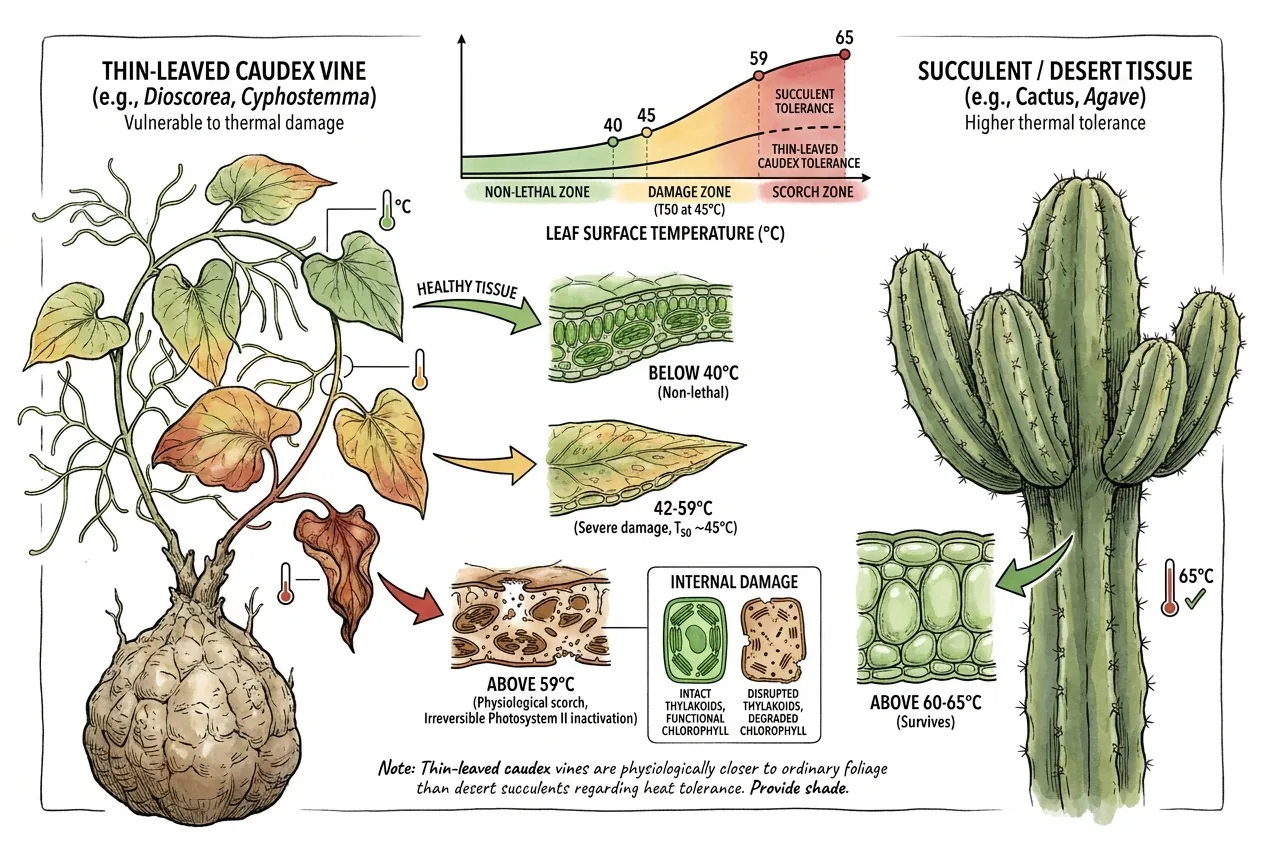 Sun-exposed leaf tissue developing pale and scorched areas; heat tolerance varies by species and acclimation