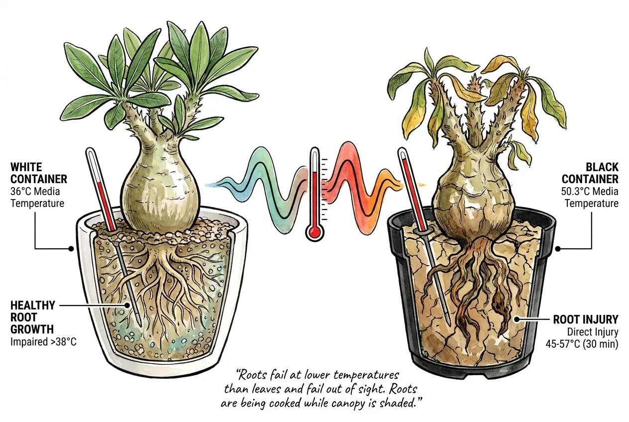 Dark and light containers under sun; pot-wall temperature is not the same as temperature inside the root zone