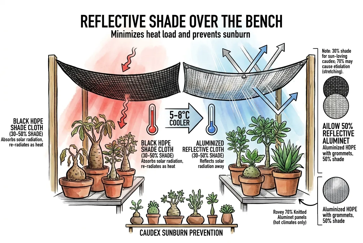 A caudex bench under overhead shade cloth with open sides for airflow