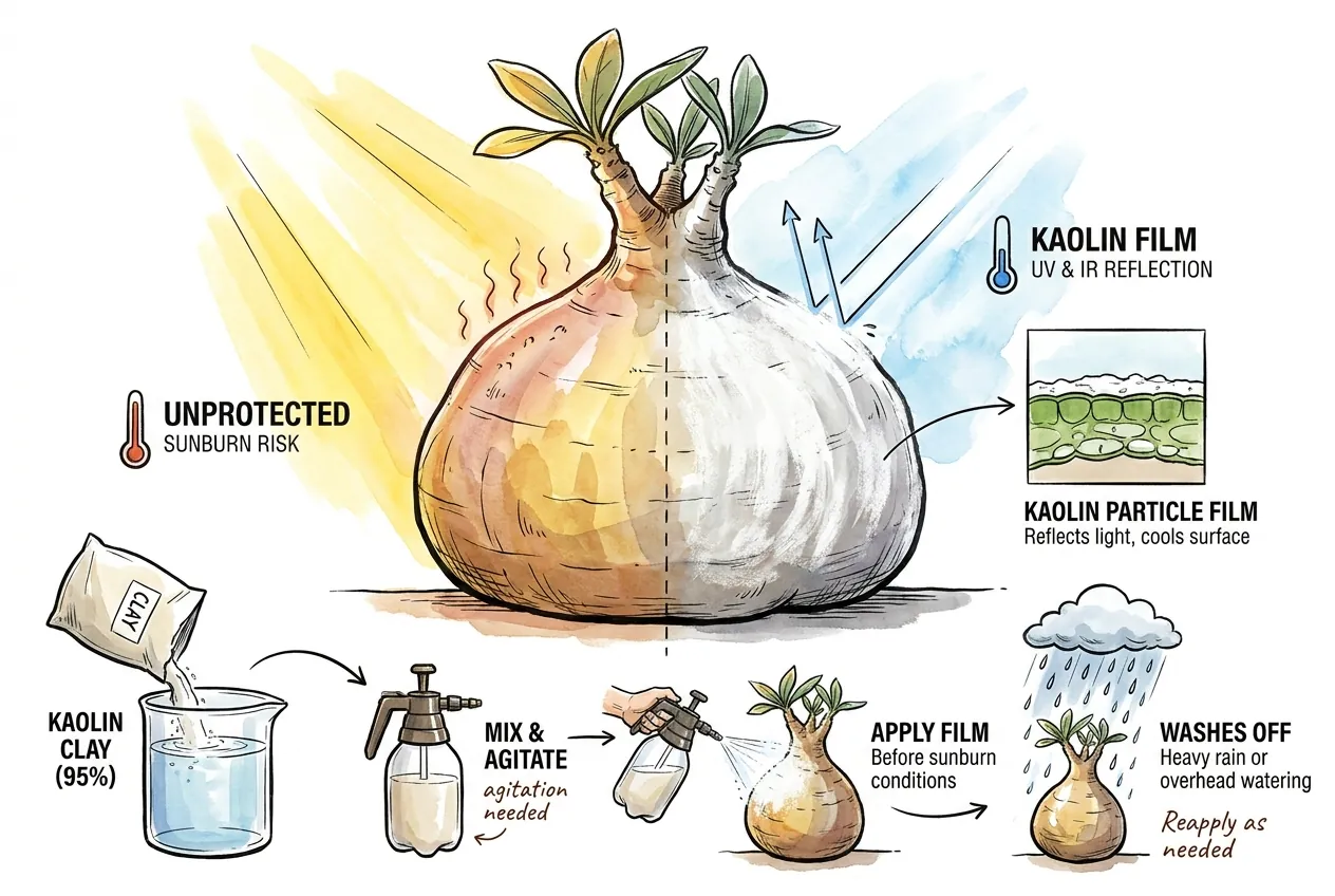 A white kaolin particle film on exposed plant surfaces; actual coverage must follow the current product label