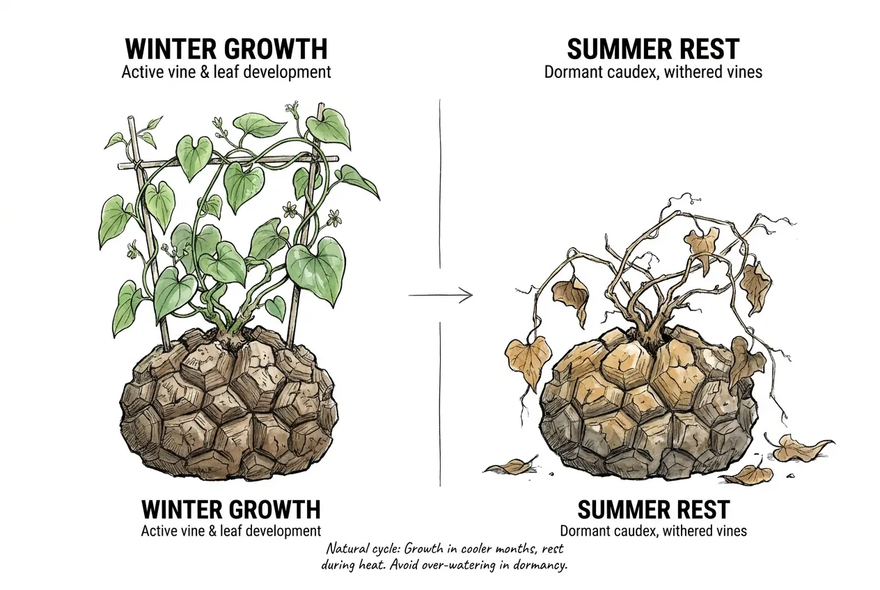 Botanical illustration for: Dioscorea elephantipes grows in winter and rests through summer
