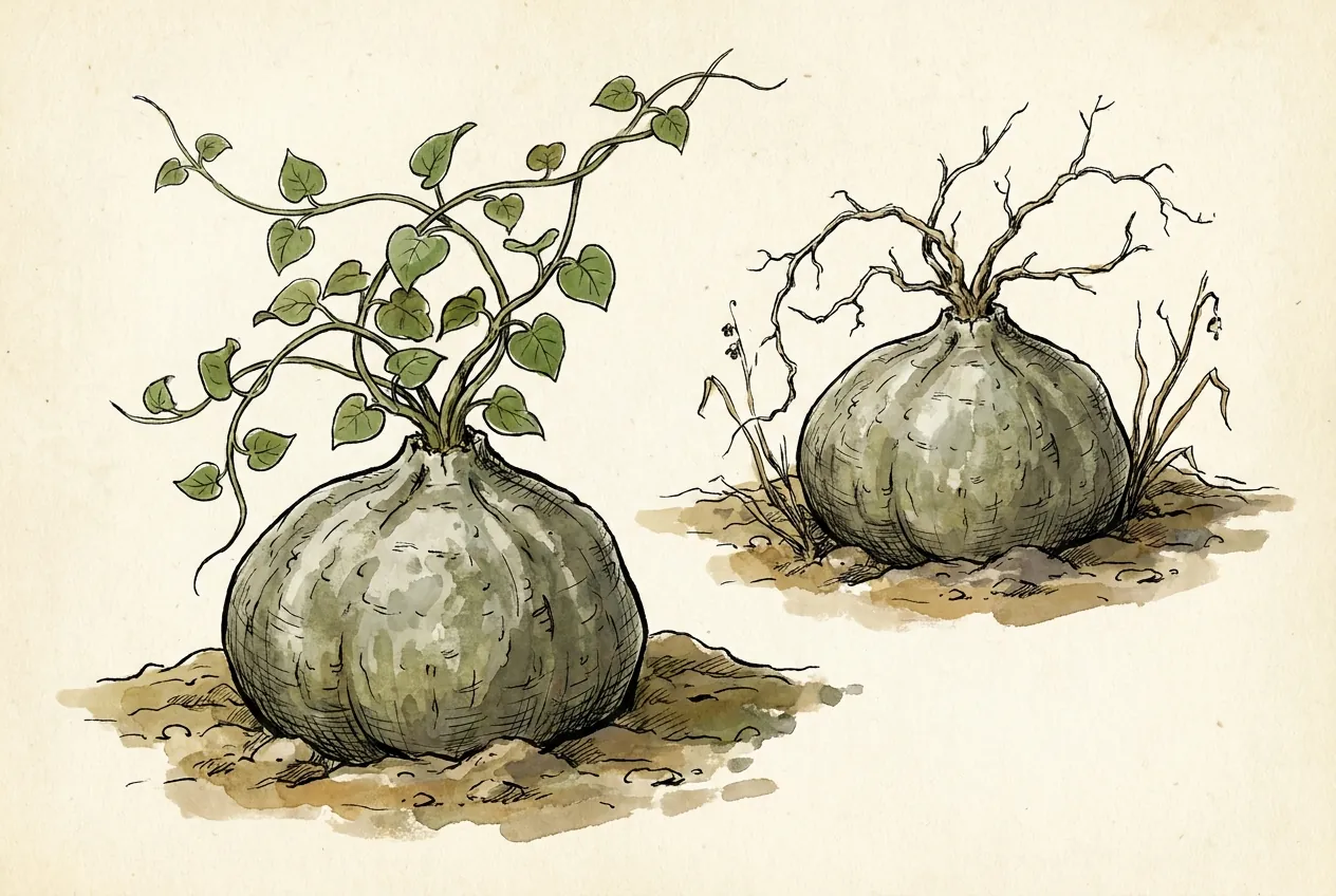 Botanical illustration for: Fockea edulis grows in summer and rests leafless in winter
