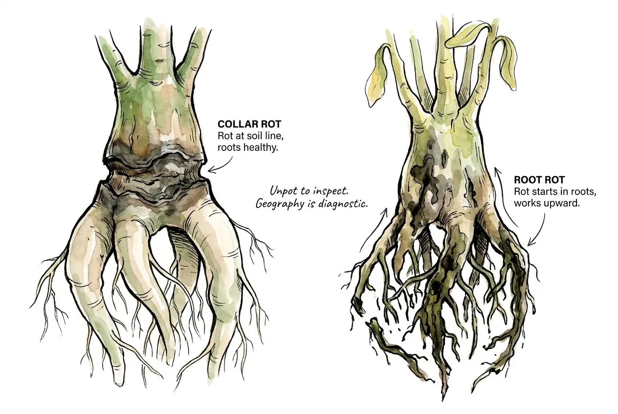 Comparison of damage centered at the Adenium collar with damage beginning in the root system