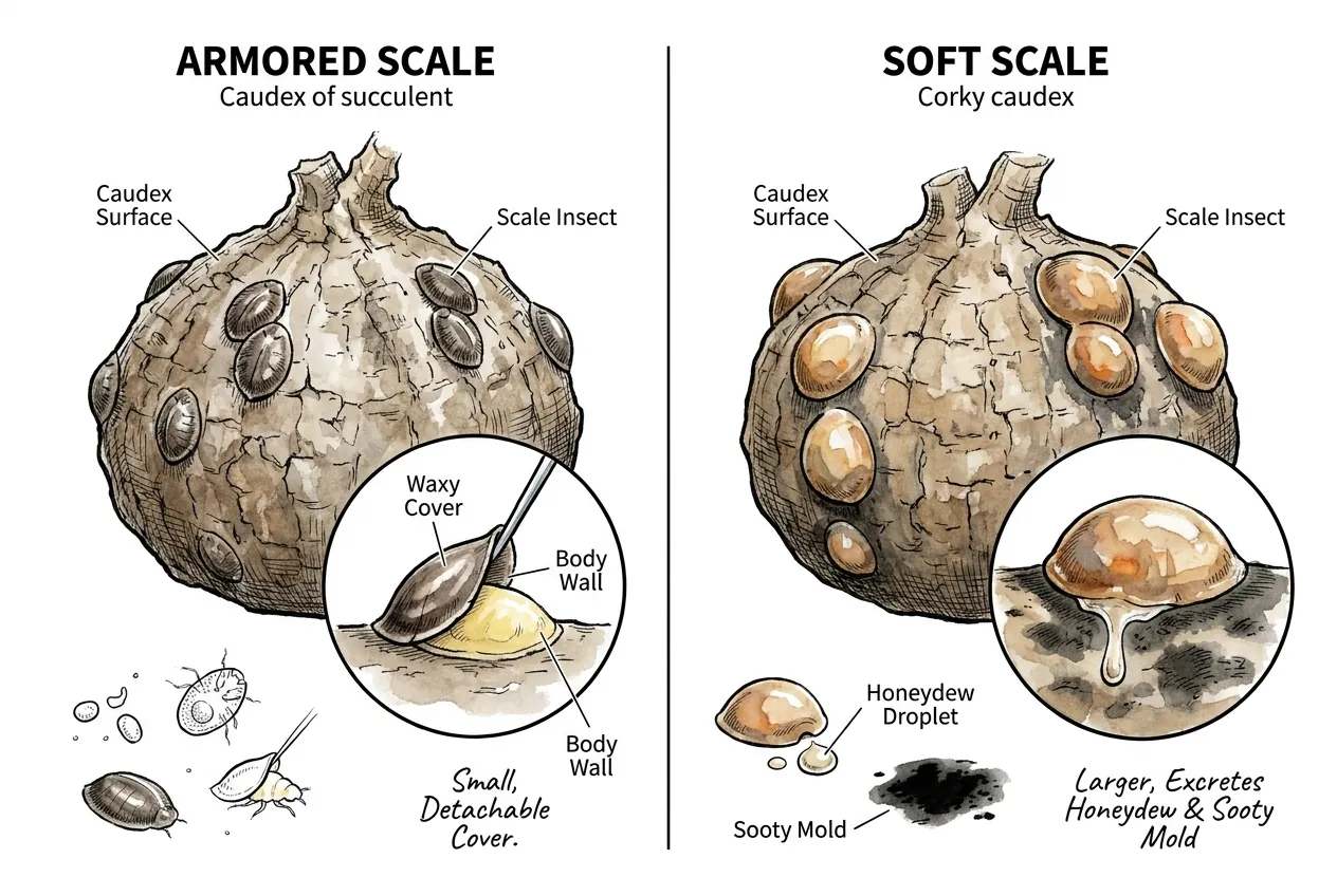 Armored scale with detachable cover beside soft scale with honeydew and sooty mold