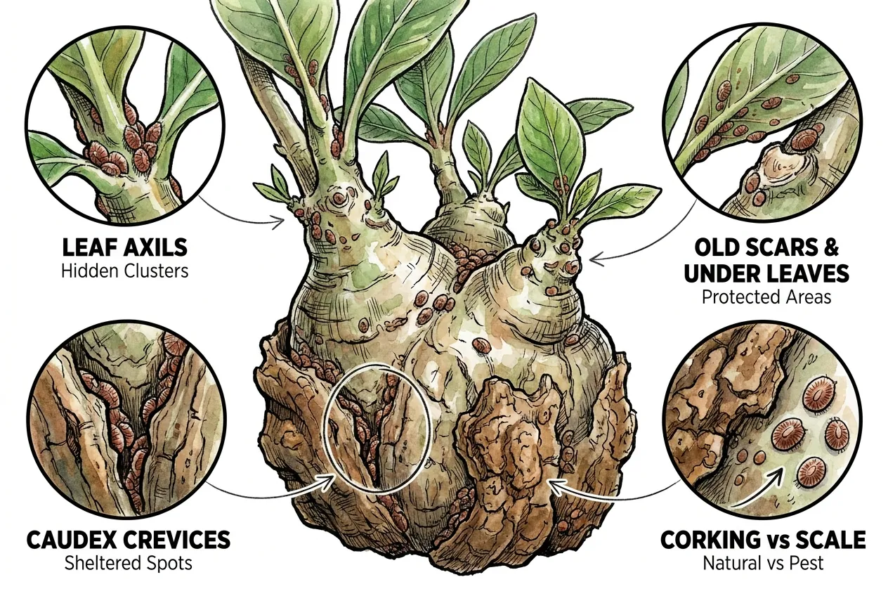 Caudex with scale clustered in leaf axils, old scars, and stem crevices