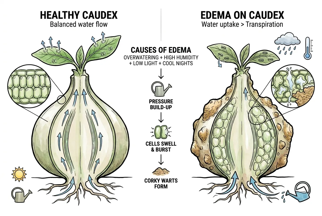 Healthy caudex versus edema caudex where burst cells form corky warts