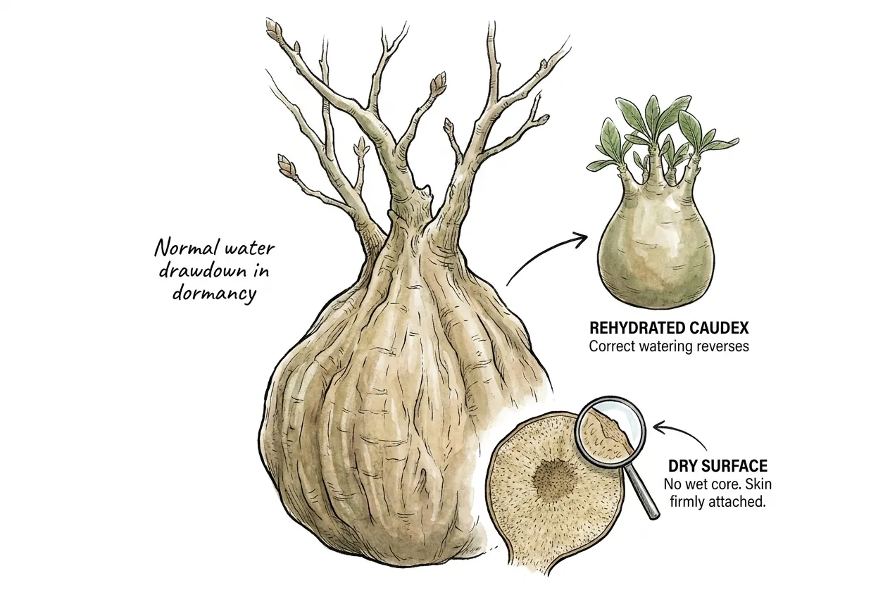 A dormant caudex with fine longitudinal wrinkles and normal color, the benign dehydration pattern that firms up again after correct watering