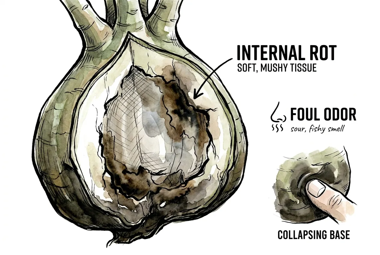 A caudex base with dark, collapsing, water-soaked rot spreading upward, showing the mushy soil-line tissue of advanced bacterial soft rot