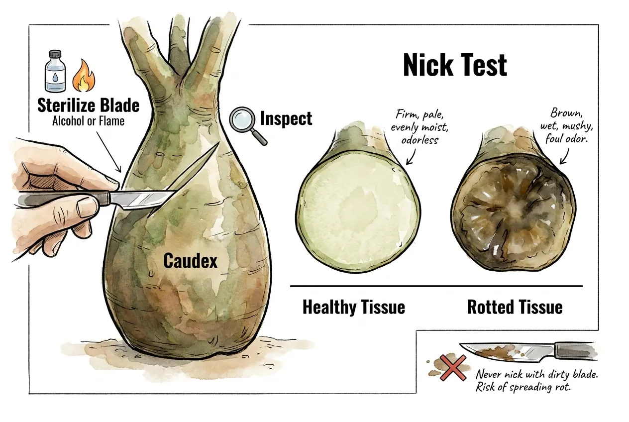 A sterilized blade making a shallow nick at the edge of a soft caudex zone, revealing pale firm healthy tissue against a browned rotted margin