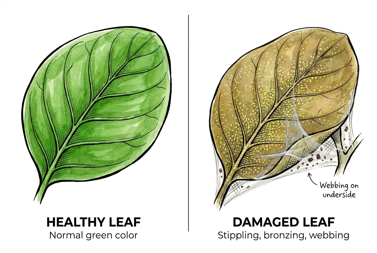 Illustration of stippling, bronzing, and webbing associated with spider mite feeding