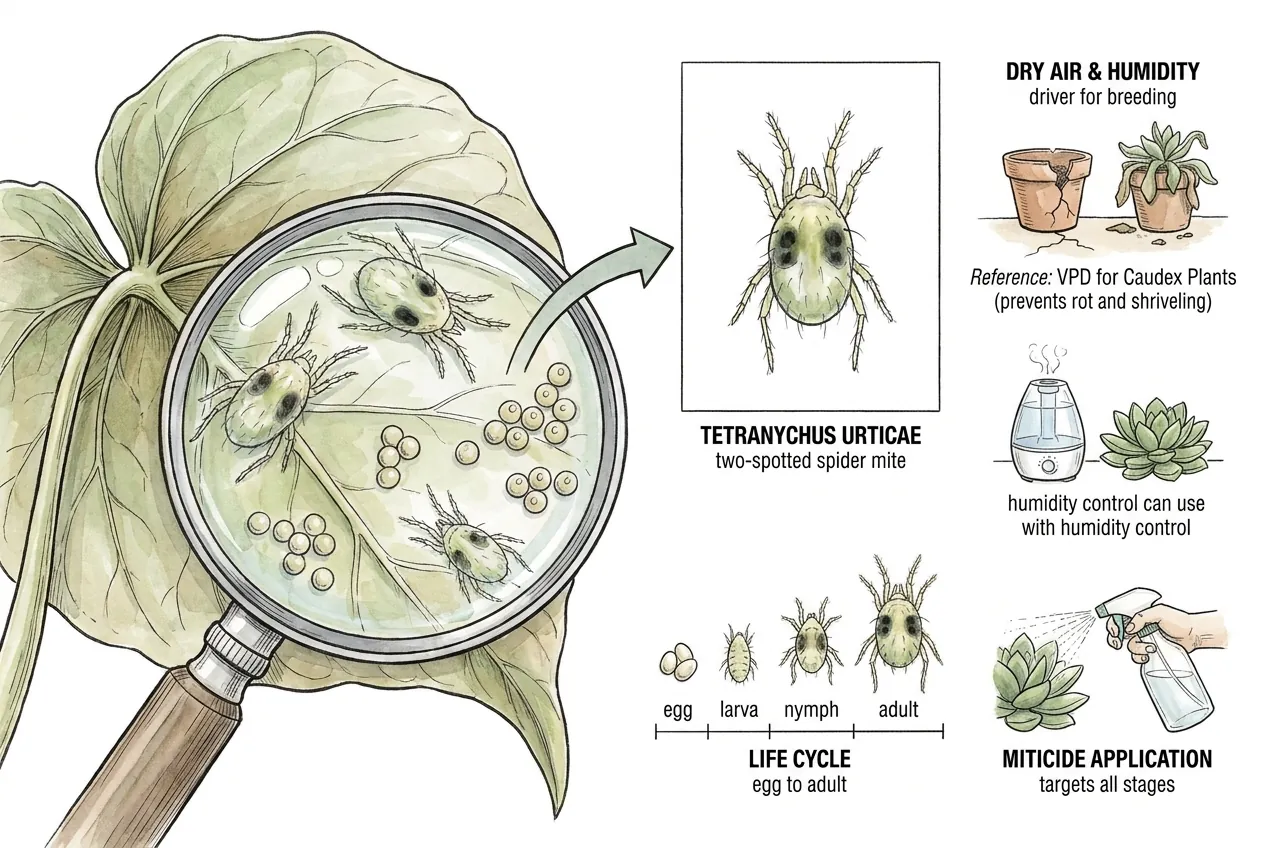 Illustration of an adult two-spotted spider mite and eggs